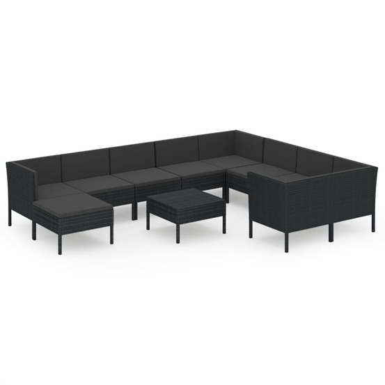 Salon de jardin 11 pcs avec coussins résine tressée noir