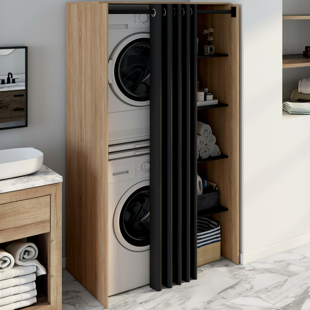 Meuble de buanderie double machine à laver avec rideau coulissant wallis bois façon hêtre et noir