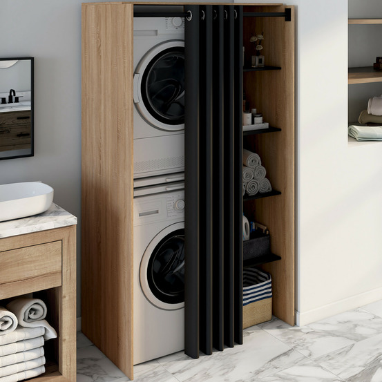 Meuble de buanderie double machine à laver avec rideau coulissant wallis bois façon hêtre et noir