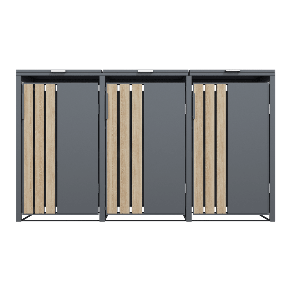 Abri poubelle cache poubelle 3 bacs 240L gris imitation bois en acier galvanisé pour extérieur toit plat avec vérins à gaz