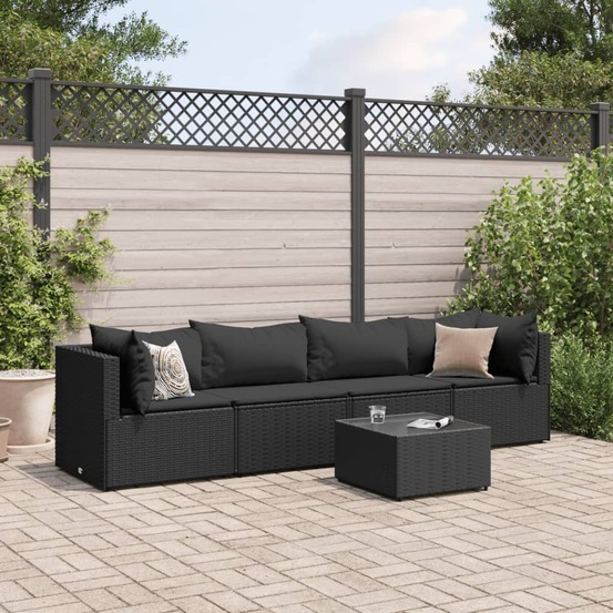 Salon de jardin 5 pcs avec coussins noir résine tressée