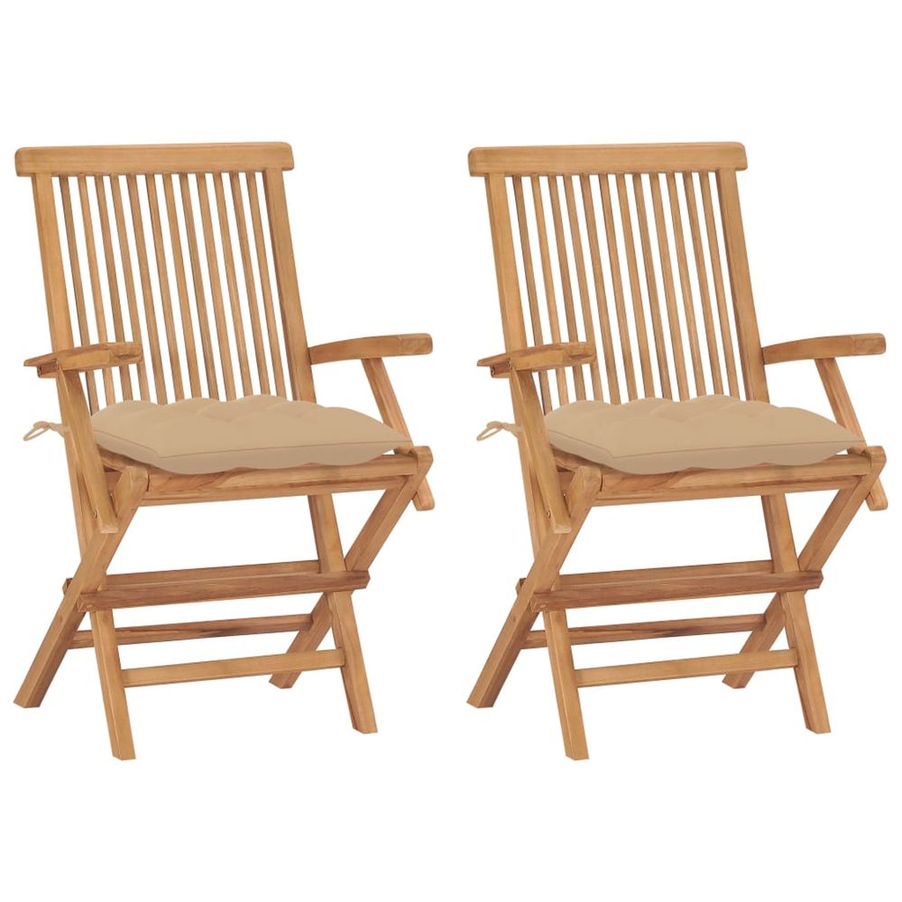 Chaises pliantes avec coussins beiges, 2 pièces, en teck massif