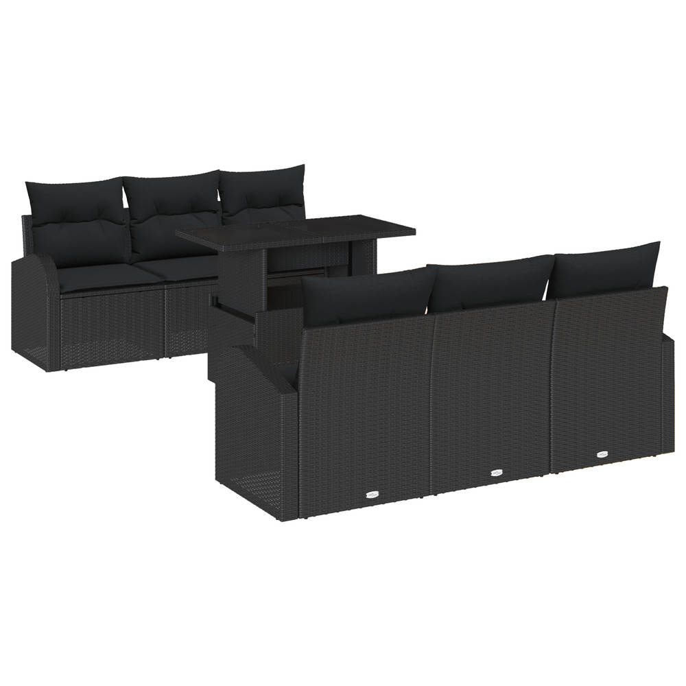Ensemble de sofa de jardin 7 pièces avec coussins noirs en poly rattan