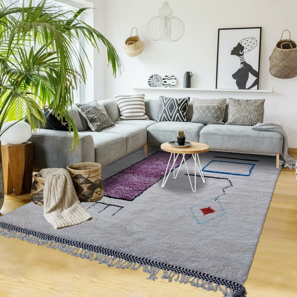 Authentique tapis berbère 260x345 fait à la main en laine blanc cassé et noir beni ouarain u