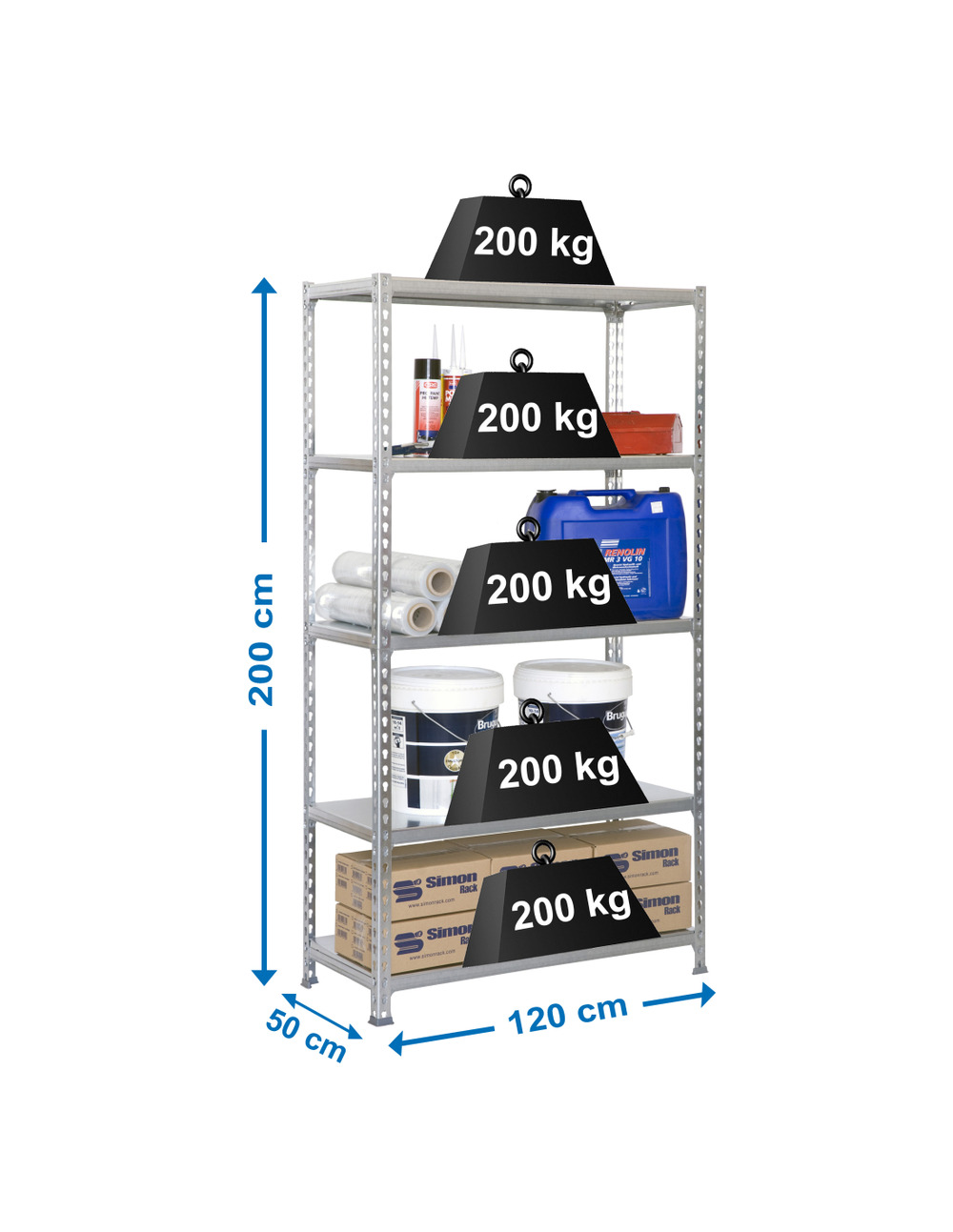 Etagère légère sans vis simonclick megaplus 5/500 galva/galva galvanisé 2000x1200x500 - simonrack