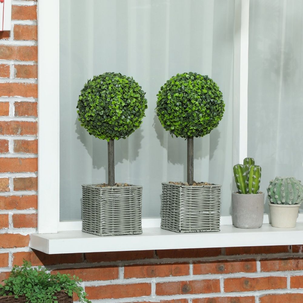 Lot 2 buis boules artificiels pot tressé intérieur extérieur anti-uv 50cm vert