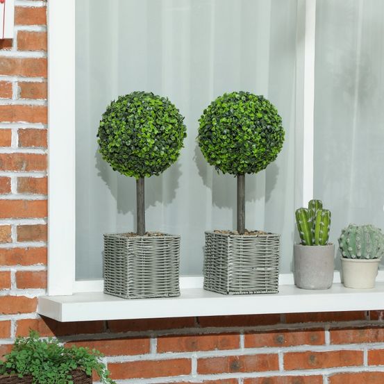 Lot 2 buis boules artificiels pot tressé intérieur extérieur anti-uv 50cm vert