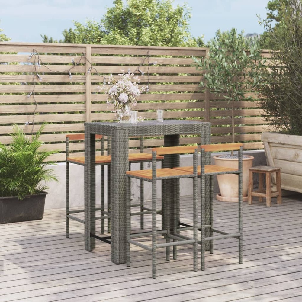 Ensemble de bar jardin 5 pcs gris poly rotin/bois massif acacia