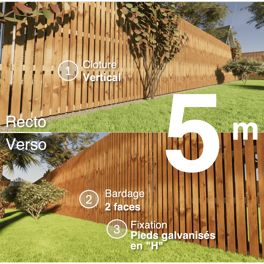 Kit clôture bois moderne 5m – h 2,3m – 20 x 70 mm autoclave marron – pose vertical – double face – support galva