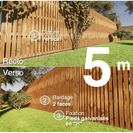 Kit clôture bois moderne 5m – h 2,3m – 20 x 70 mm autoclave marron – pose vertical – double face – support galva