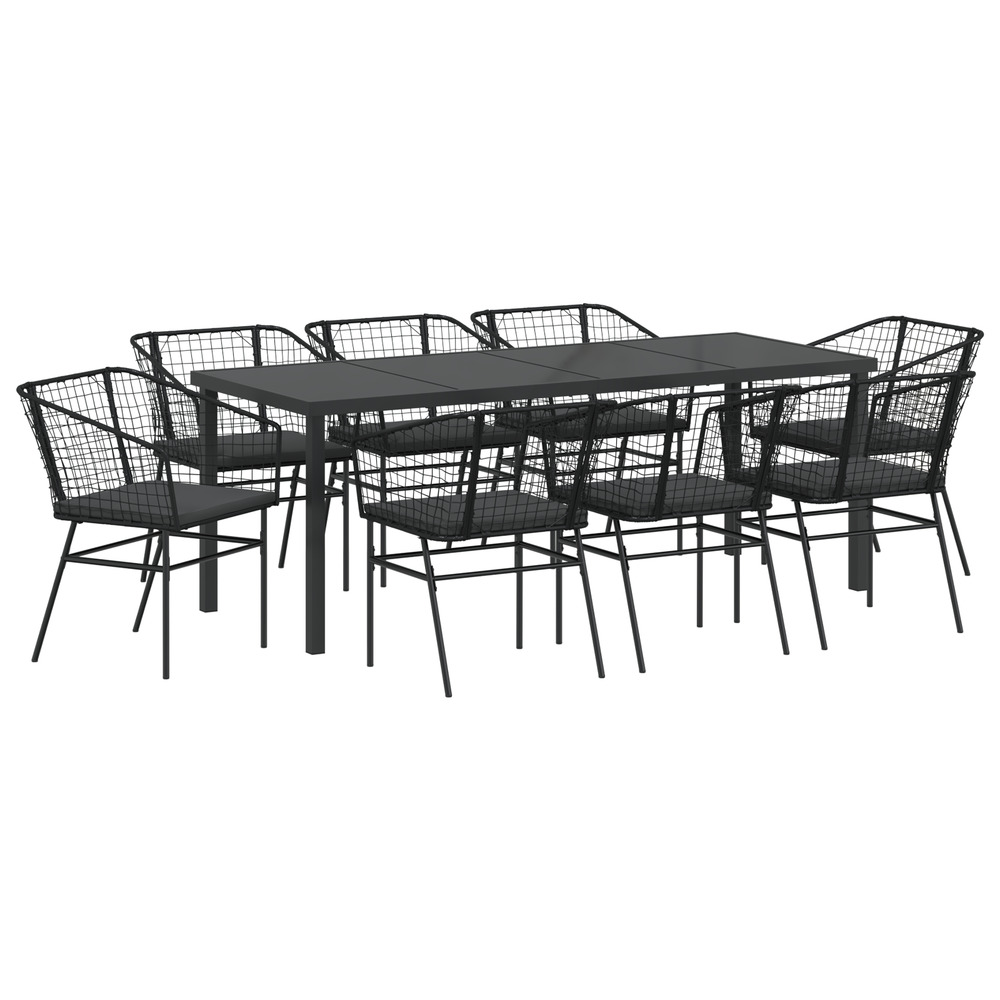 Ensemble de salle à manger de jardin de 9 pièces avec coussins en poly rattan noir