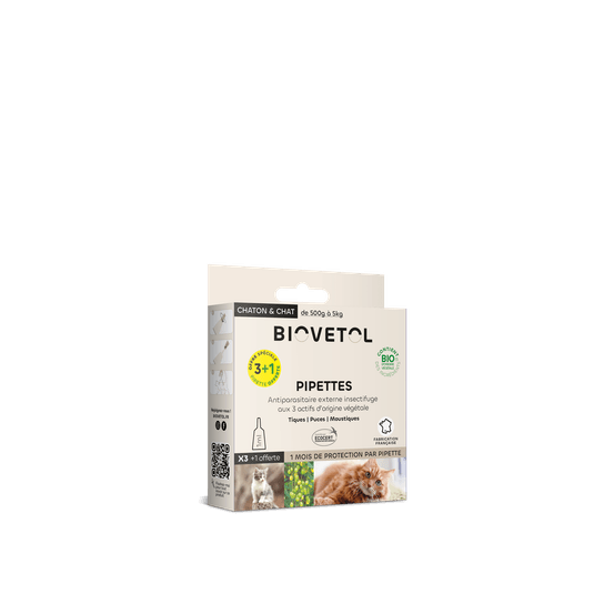 Pipettes anti puces chat/chaton bio - certifié ecocert - 3 pipettes+1 offerte 1ml