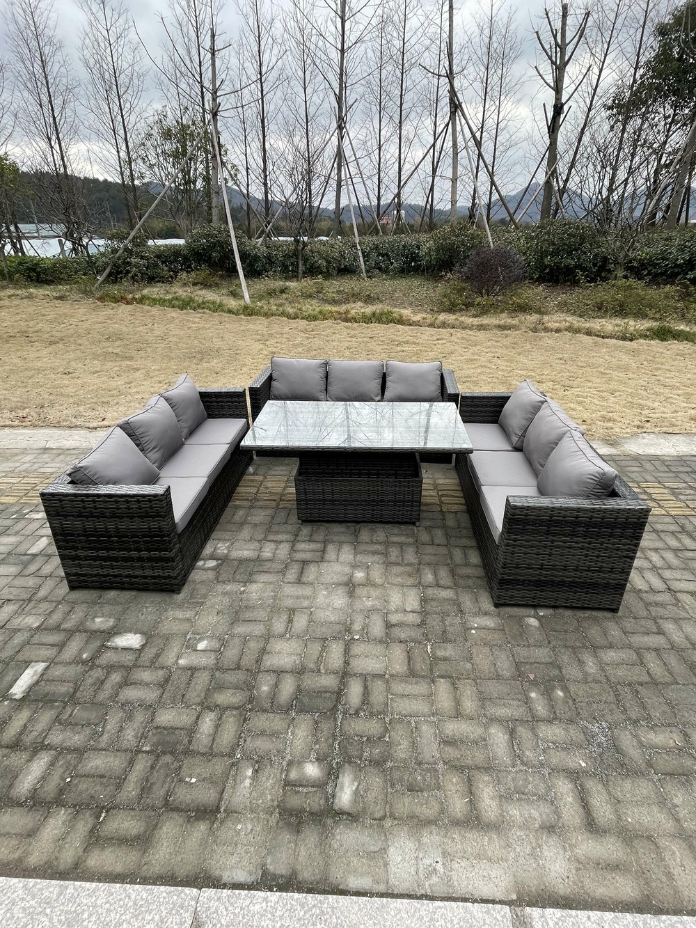 9 places mobilier de jardin extérieur rotin canapé set réglable table à manger élévatrice gris foncé mix