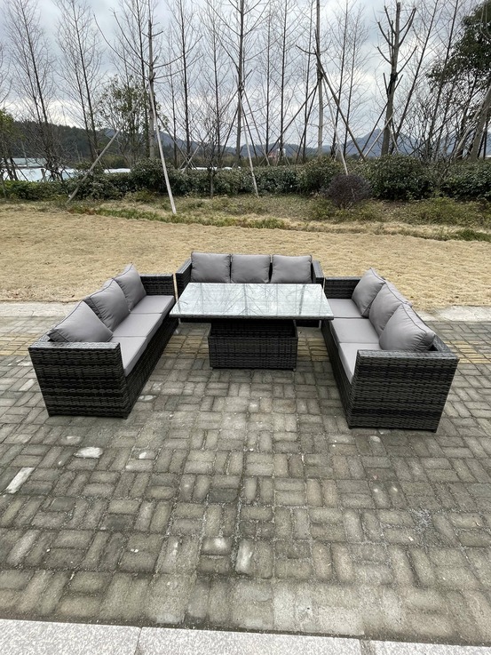 9 places mobilier de jardin extérieur rotin canapé set réglable table à manger élévatrice gris foncé mix