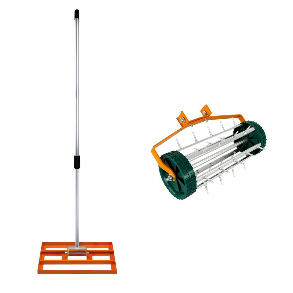 Ensemble 2-en-1 scarificateur et niveleur de pelouse de 50 cm - orange