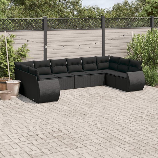 Salon de jardin 10 pcs avec coussins noir résine tressée