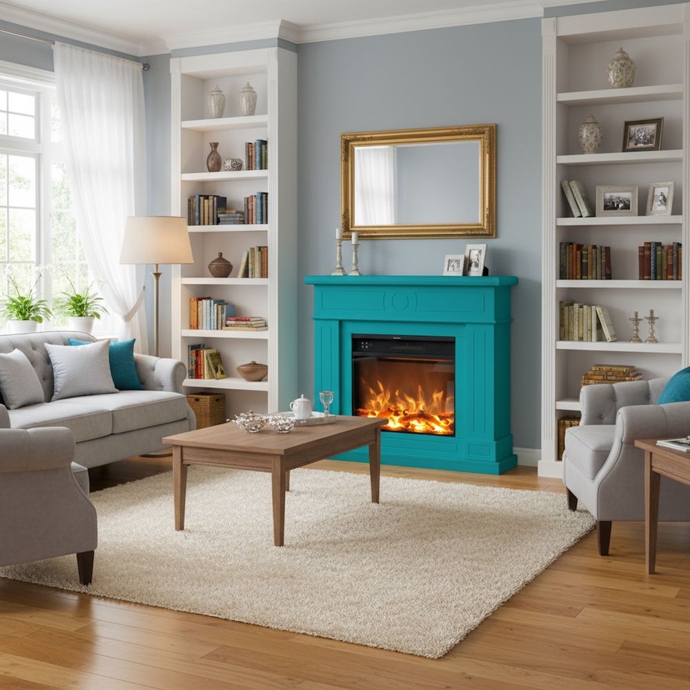 Cheminee electrique turquoise en mdf telecommande effet flammes led puissance optimale