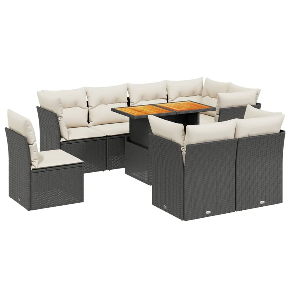 Salon de jardin 9 pcs avec coussins noir résine tressée
