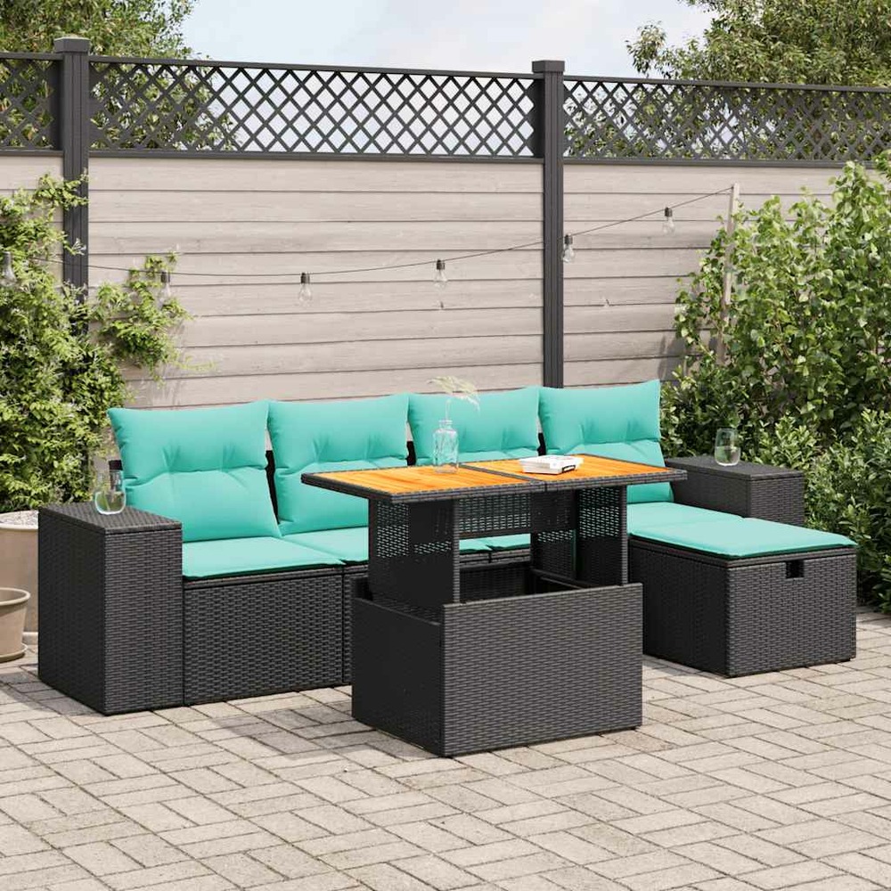 Salon de jardin avec coussins 6pcs marron résine tressée acacia