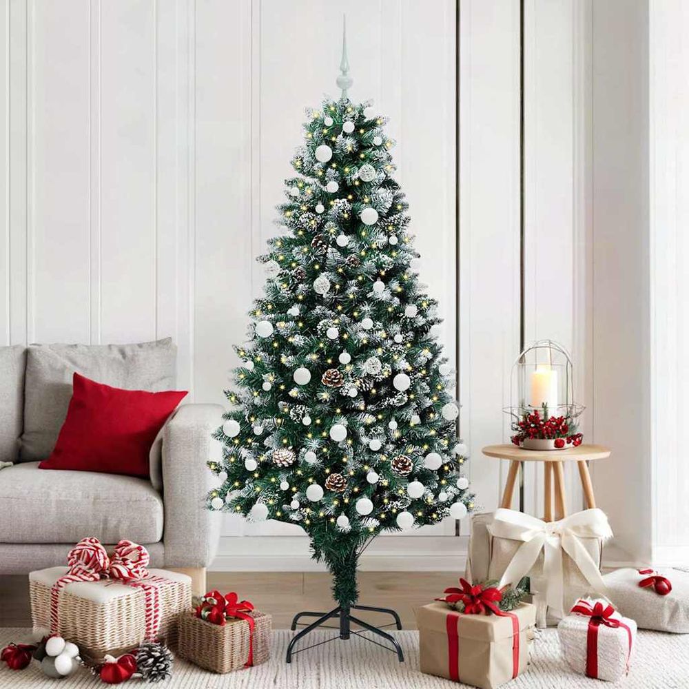Sapin de noël artificiel lumineux 180 cm prêt à décorer avec 300 led et 61 boules or rose/bronze