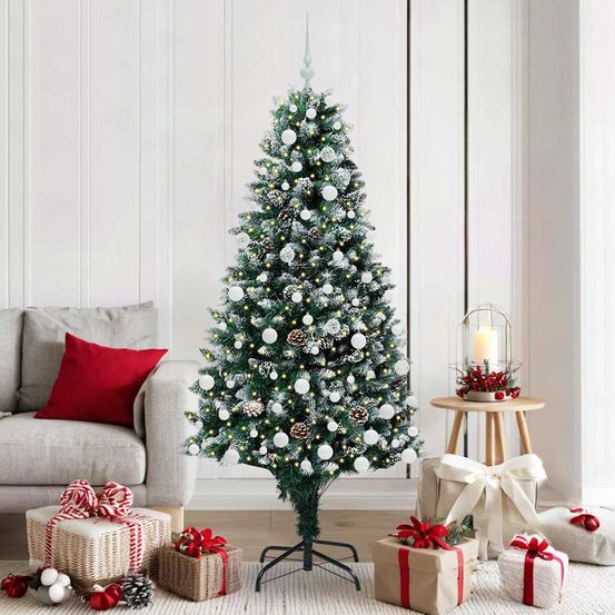 Sapin de noël artificiel lumineux 180 cm prêt à décorer avec 300 led et 61 boules or rose/bronze