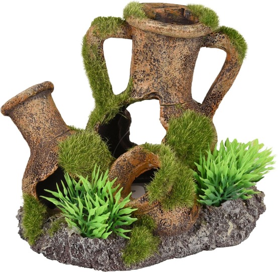 Décoration aquarium amphores empilées cachettes effet mousse