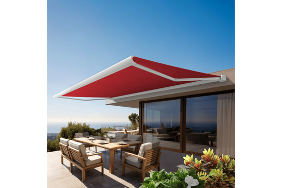 Store banne coffre intégral protect 2 blanc 5x3,5m motorisé à télécommande - toile rouge