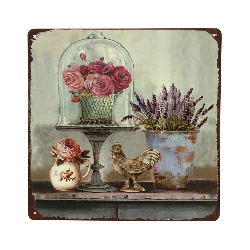 Plaque murale décorative vintage métal multicolore roses coq 30x30cm