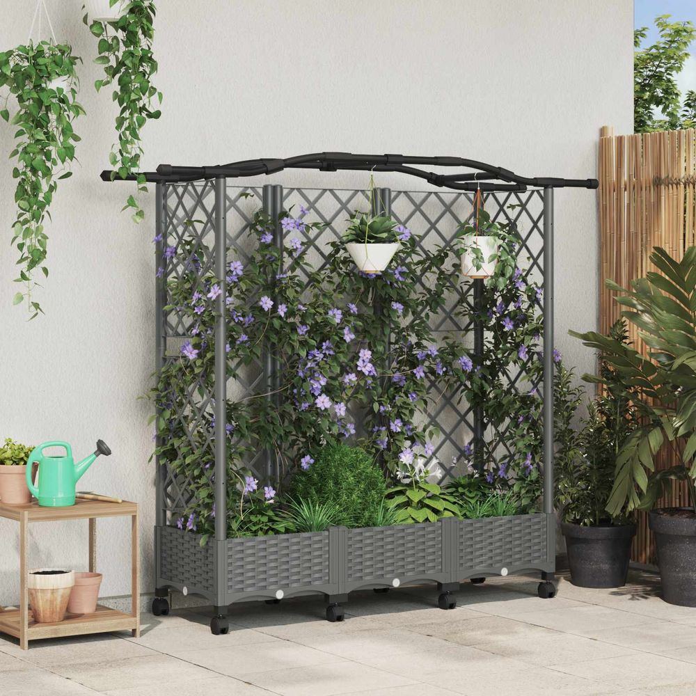 Potager surélevé en polypropylène pour balcon avec treillis et toit 163cm gris clair