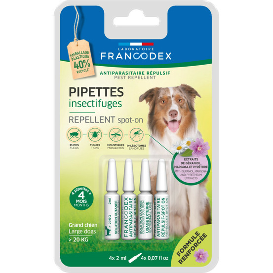 4 pipettes insectifuges pour chiens de plus de 20 kg formule renforcée