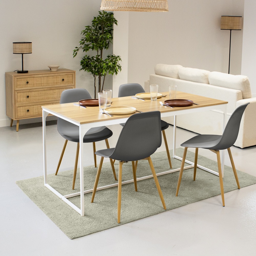 Table à manger rectangulaire métal et décor bois + 4 chaises scandinaves grises