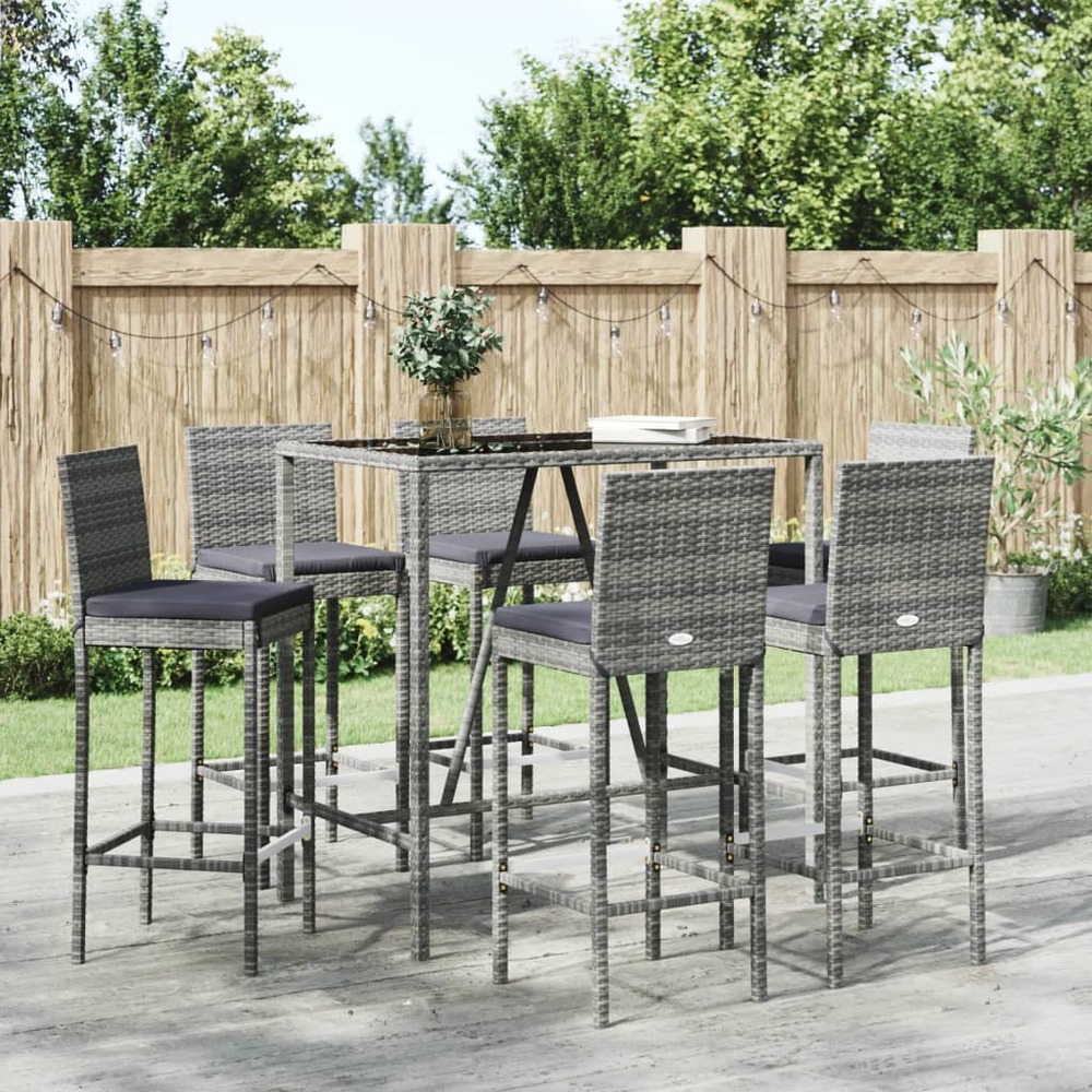 Ensemble de bar de jardin 7 pcs avec coussins gris poly rotin