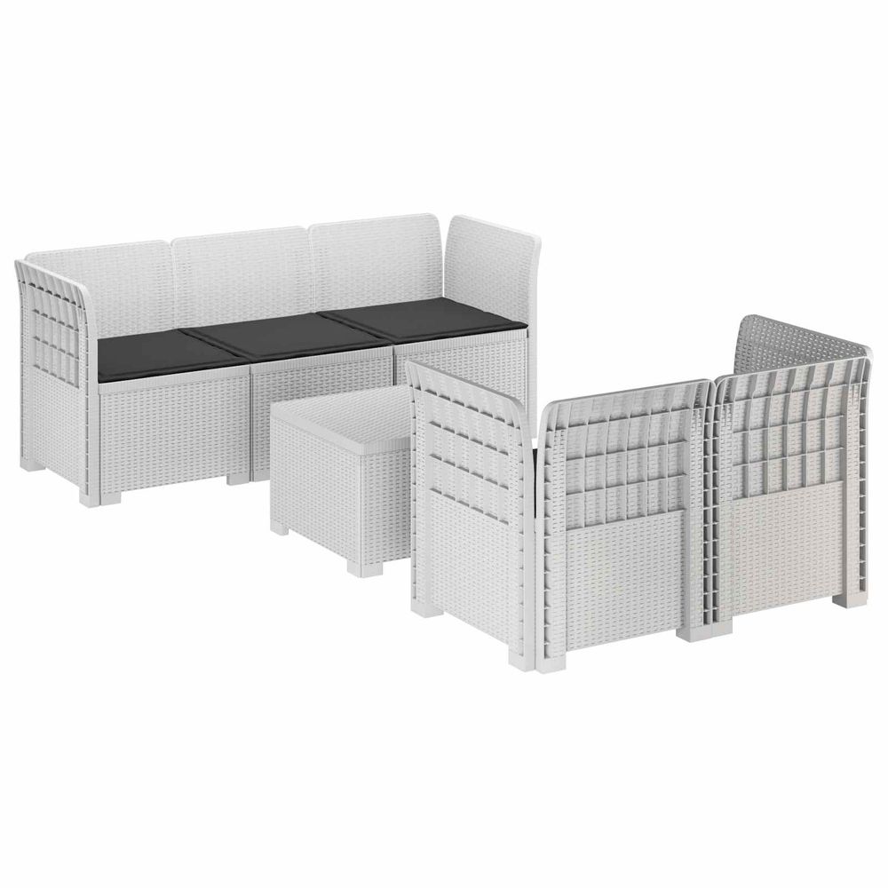 Canapé de jardin 5 places avec coussins aspect rotin pp blanc