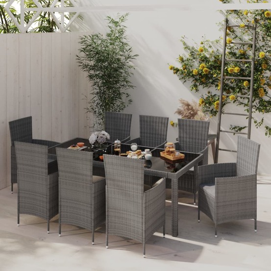 Ensemble à manger d'extérieur 9pcs coussins résine tressée gris