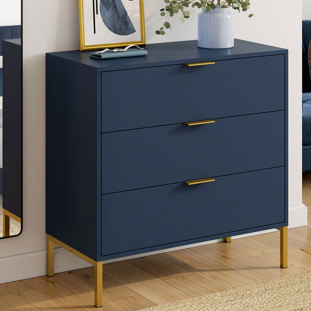 Commode 3 tiroirs blenia 80 cm bleu nuit et finitions dorées