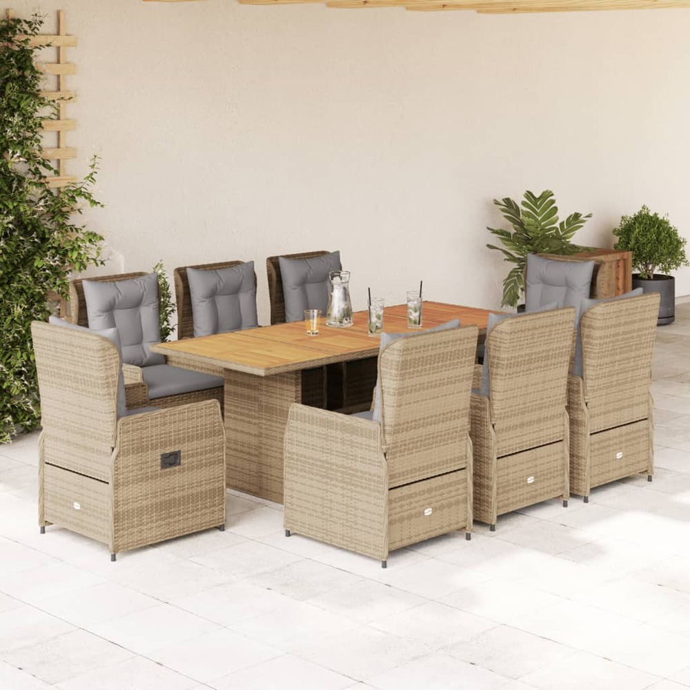 Ensemble à manger de jardin et coussins 9 pcs beige poly rotin
