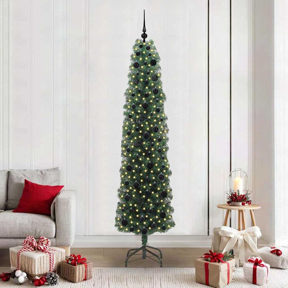 Arbre de noël artificiel élancé 210cm, pré-illuminé et kit décoration complet