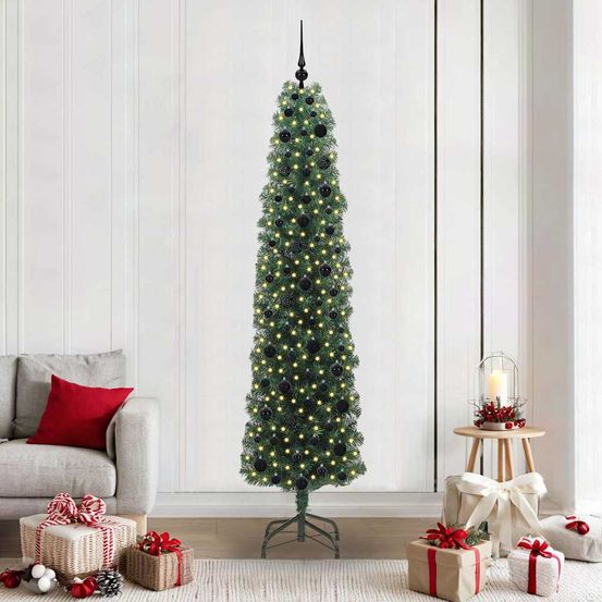 Arbre de noël artificiel élancé 210cm, pré-illuminé et kit décoration complet