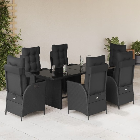 Ensemble à manger de jardin coussins 7pcs noir résine tressée