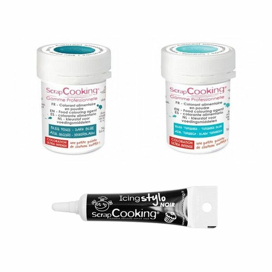 2 colorants alimentaires bleu foncé-turquoise + stylo glaçage noir