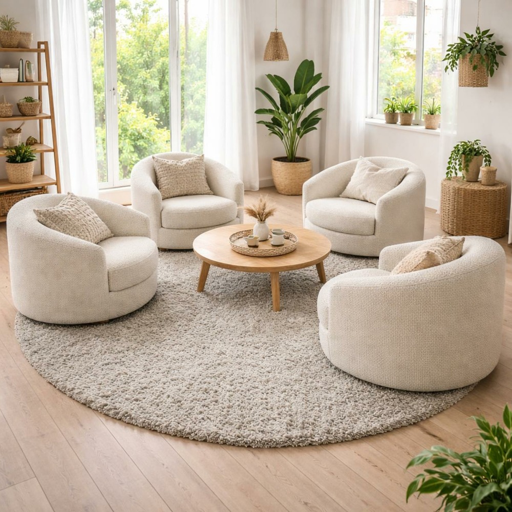 Tapis poils longs shaggy ø200cm rond tissé beige motif uni uni l