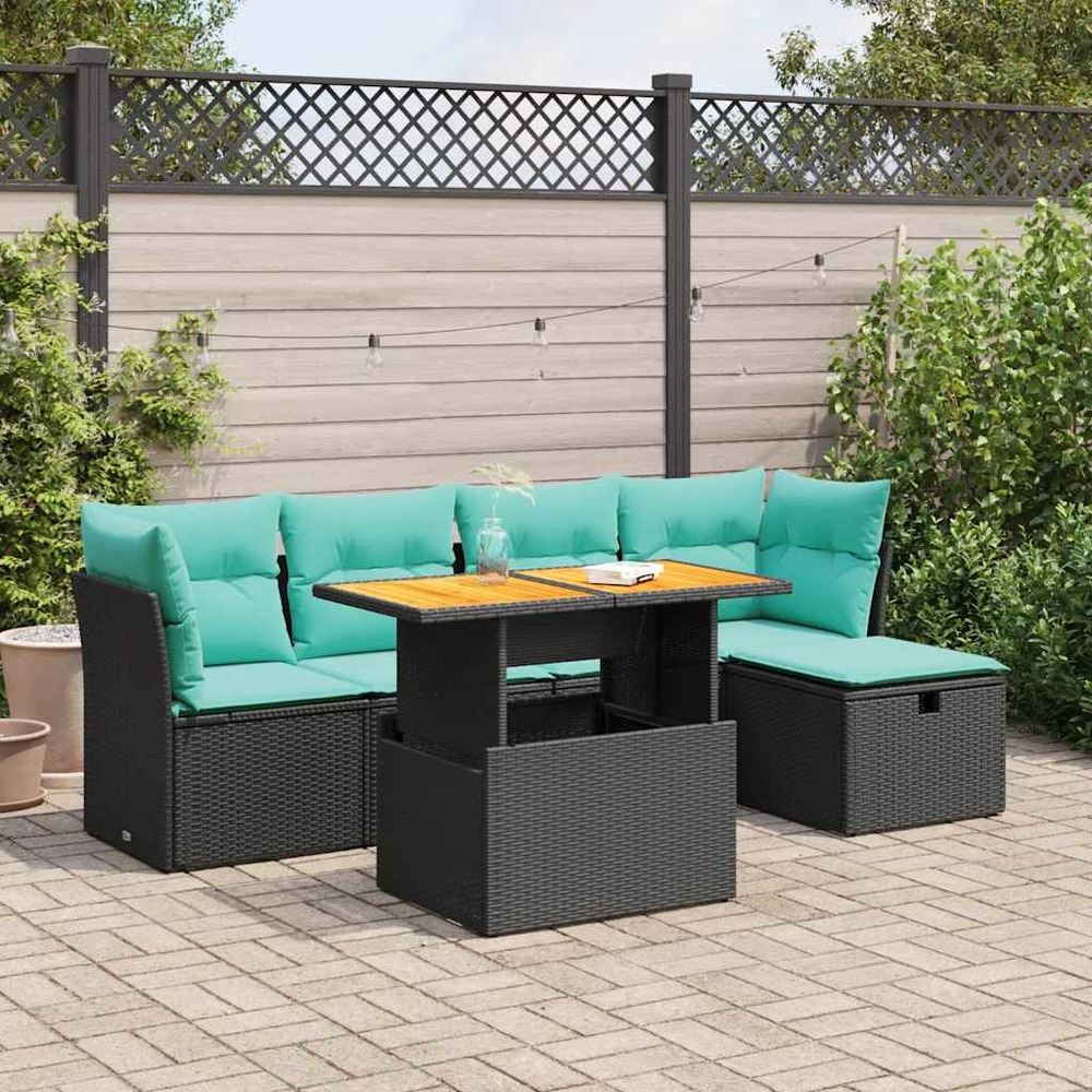 Salon de jardin 6 pcs avec coussins noir résine tressée acacia
