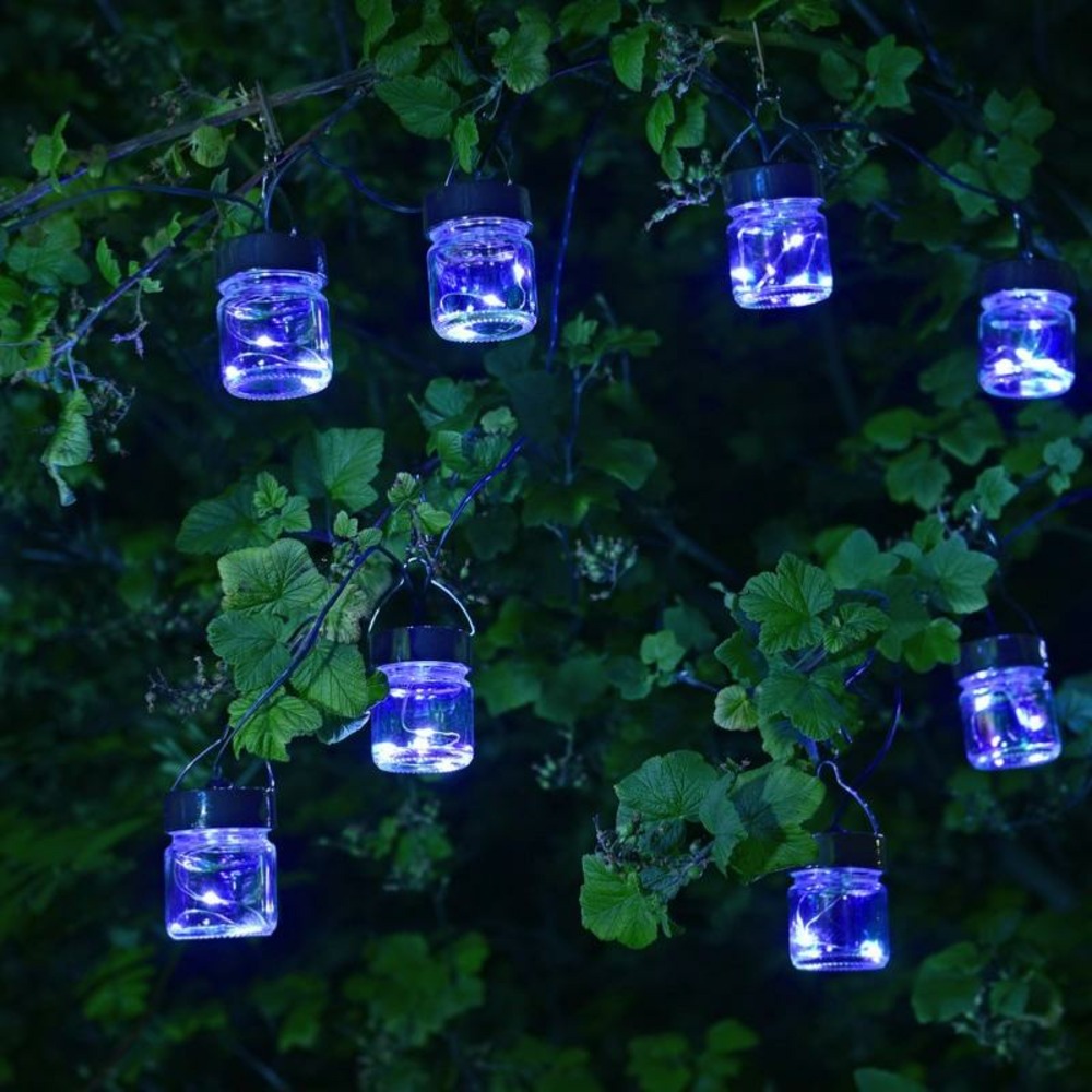 Guirlande solaire 10 petits bocaux verre irisé opal à filament led blanc froid