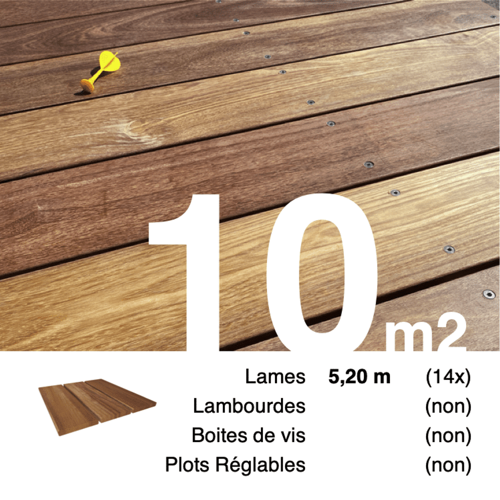 Planches de terrasse bois exotique cumaru pour 10 m², longueur 5,2 m.