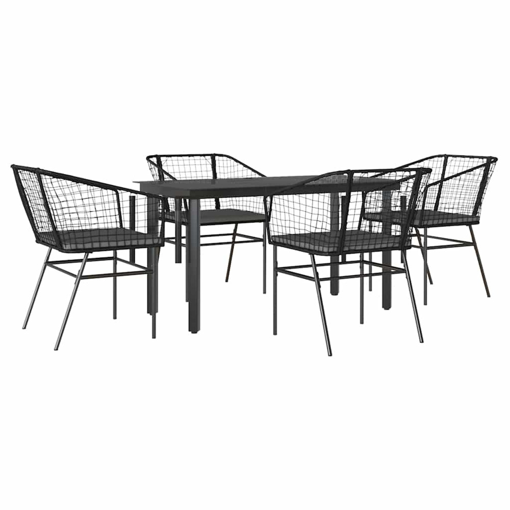 Ensemble à manger de jardin et coussins 5 pcs noir rotin verre