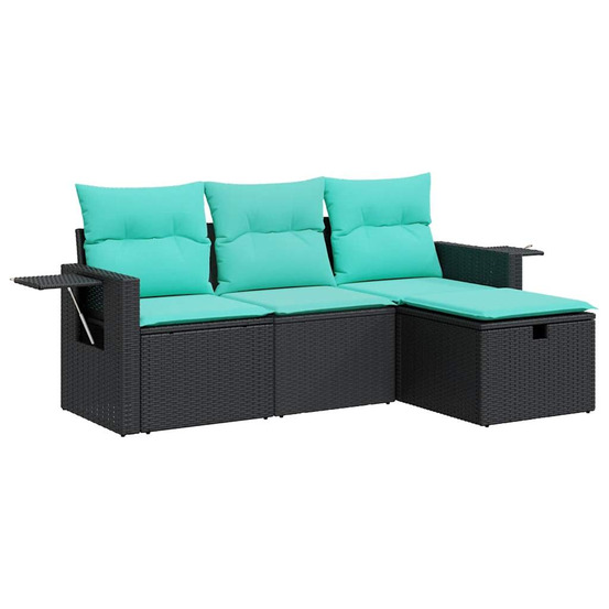 Salon de jardin 4 pcs avec coussins noir résine tressée