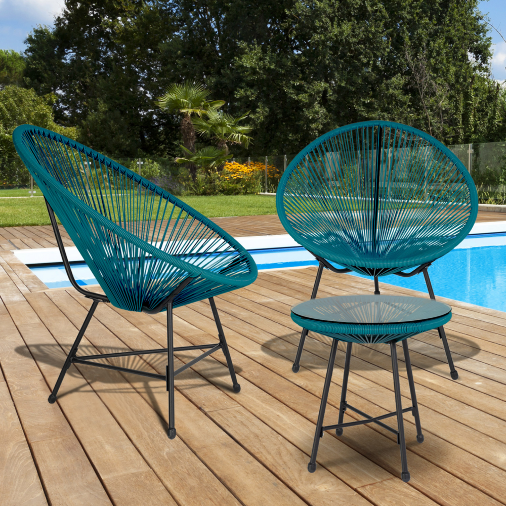 Salon de jardin izmir table et 2 fauteuils oeuf cordage bleu canard