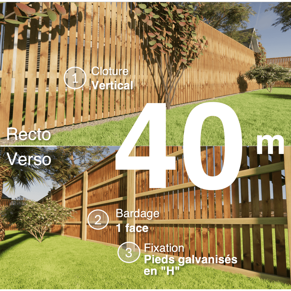 Kit clôture bois moderne 40m – h 2,3m – 20 x 70 mm autoclave marron – pose vertical – simple face – support galva