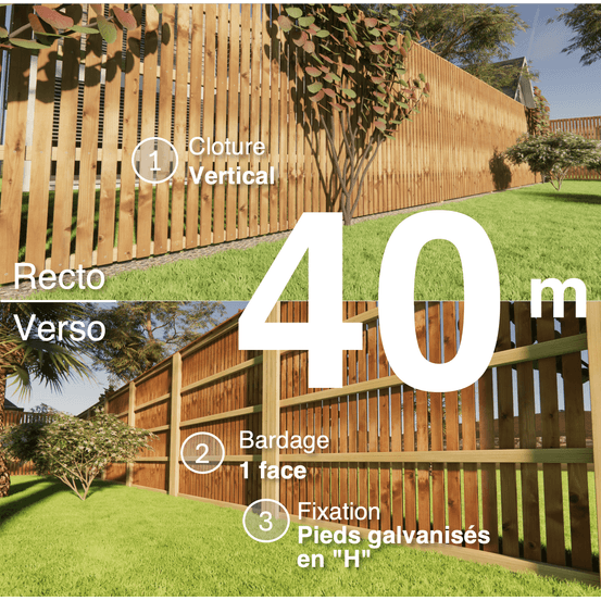 Kit clôture bois moderne 40m – h 2,3m – 20 x 70 mm autoclave marron – pose vertical – simple face – support galva