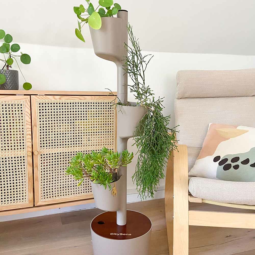 Jardinière verticale citysens, couleur écorce, avec 3 pots, arrossage manuel et bois teka.